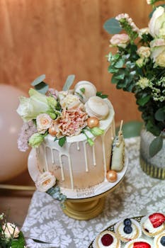 Beautiful floral-decorated wedding cake with flowers and macarons on a table in Salamanca.
