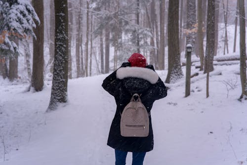 Woman in Coat Standing in Forest in Winter