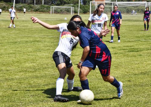 Free Women fiercely competing in a soccer match on a sunny day, showcasing intense sports action. Stock Photo