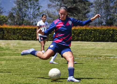 Free Young female soccer player in sports gear kicks a ball on a sunny day outdoors. Stock Photo