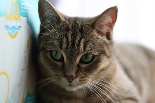 Intimate close-up of a tabby cat with striking green eyes and prominent whiskers.