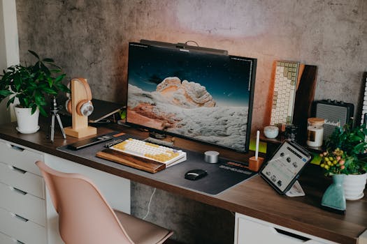 Stylish desk setup featuring a mechanical keyboard, monitor, plants, and tech gadgets.