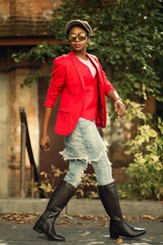 Fashionable woman in red blazer and denim on a sunny day.