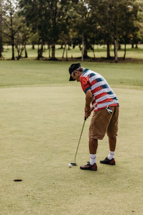 Free A golfer in casual attire makes a putt on a serene green golf course on a sunny day. Stock Photo
