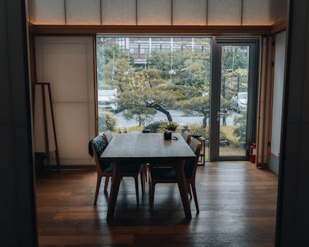 Elegant dining room with a view of a Japanese garden in Jeonju, South Korea.