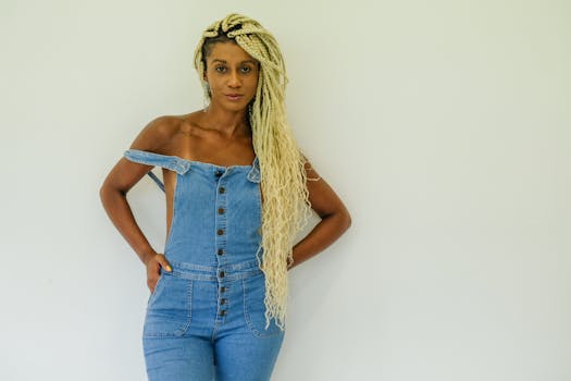 Stylish woman in denim overalls with blonde braids posing confidently in a studio setting.