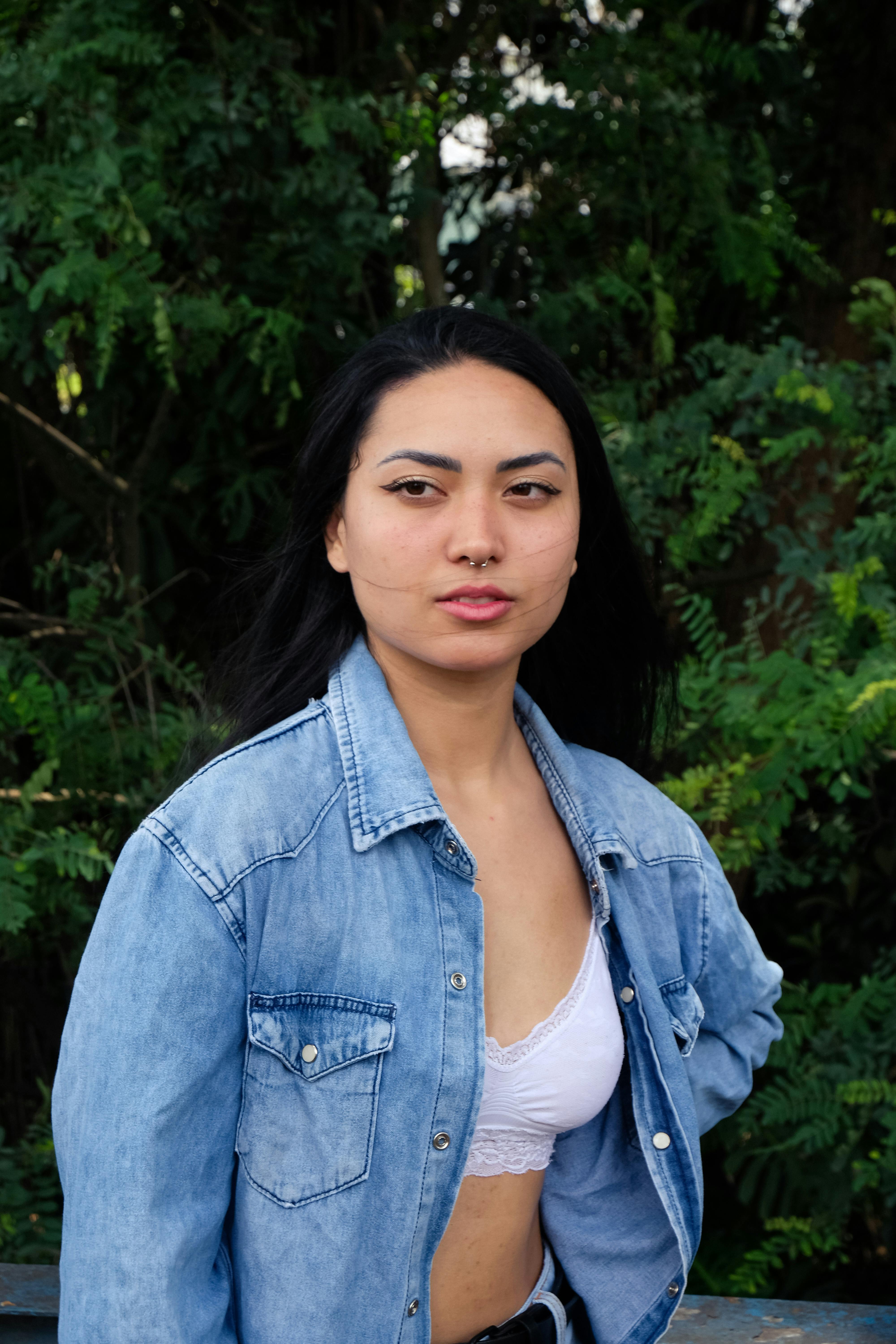 Gorgeous Brunette Woman in Denim Shirt · Free Stock Photo