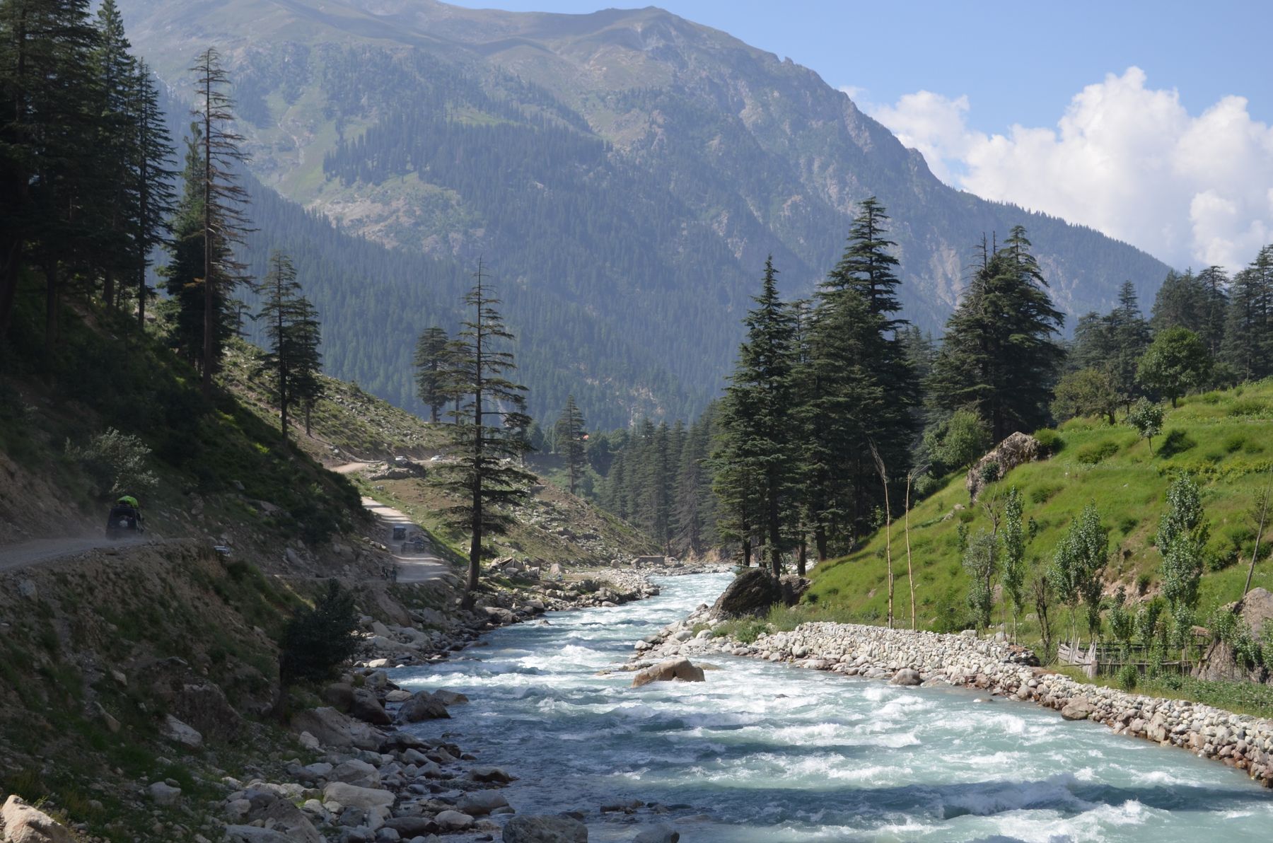 A scenic view of a mountain river surrounded by lush greenery in Kalam, Khyber Pakhtunkhwa.