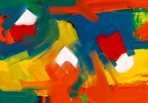 Dynamic abstract painting with bold strokes of red, blue, yellow, and green creating a vibrant canvas.