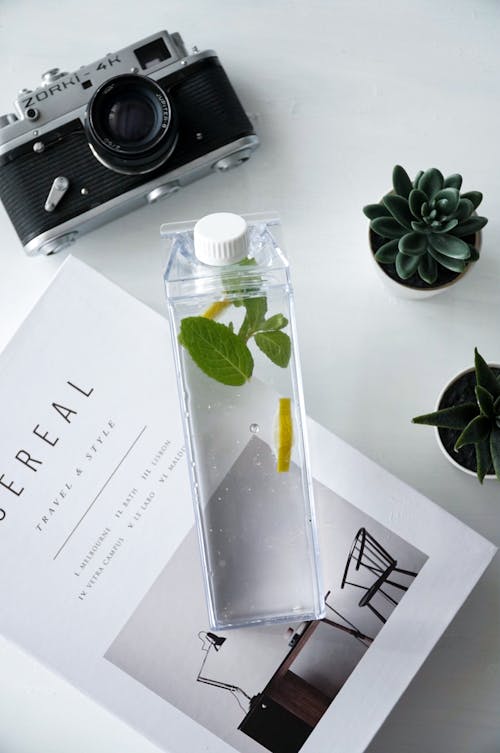 Journal, Camera, Bottle of Water and Plants on a Table