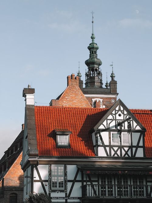 Free Charming historic buildings and church towers in the old town of Gdańsk, Poland. Stock Photo