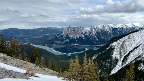 Landscape of Snowcapped Mountains and a River Flowing in the Valley 