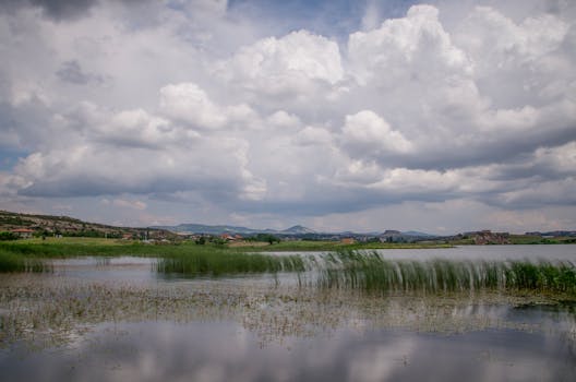 Peaceful rural landscape in Afyonkarahisar, Türkiye with cloudy sky and serene water reflections.