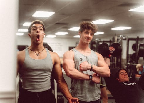 Two men showing off muscles in a gym setting, embodying fitness and strength.