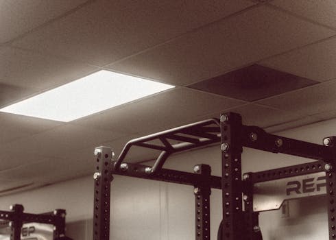 Sepia-toned image of gym ceiling with fitness equipment, evoking a vintage feel.