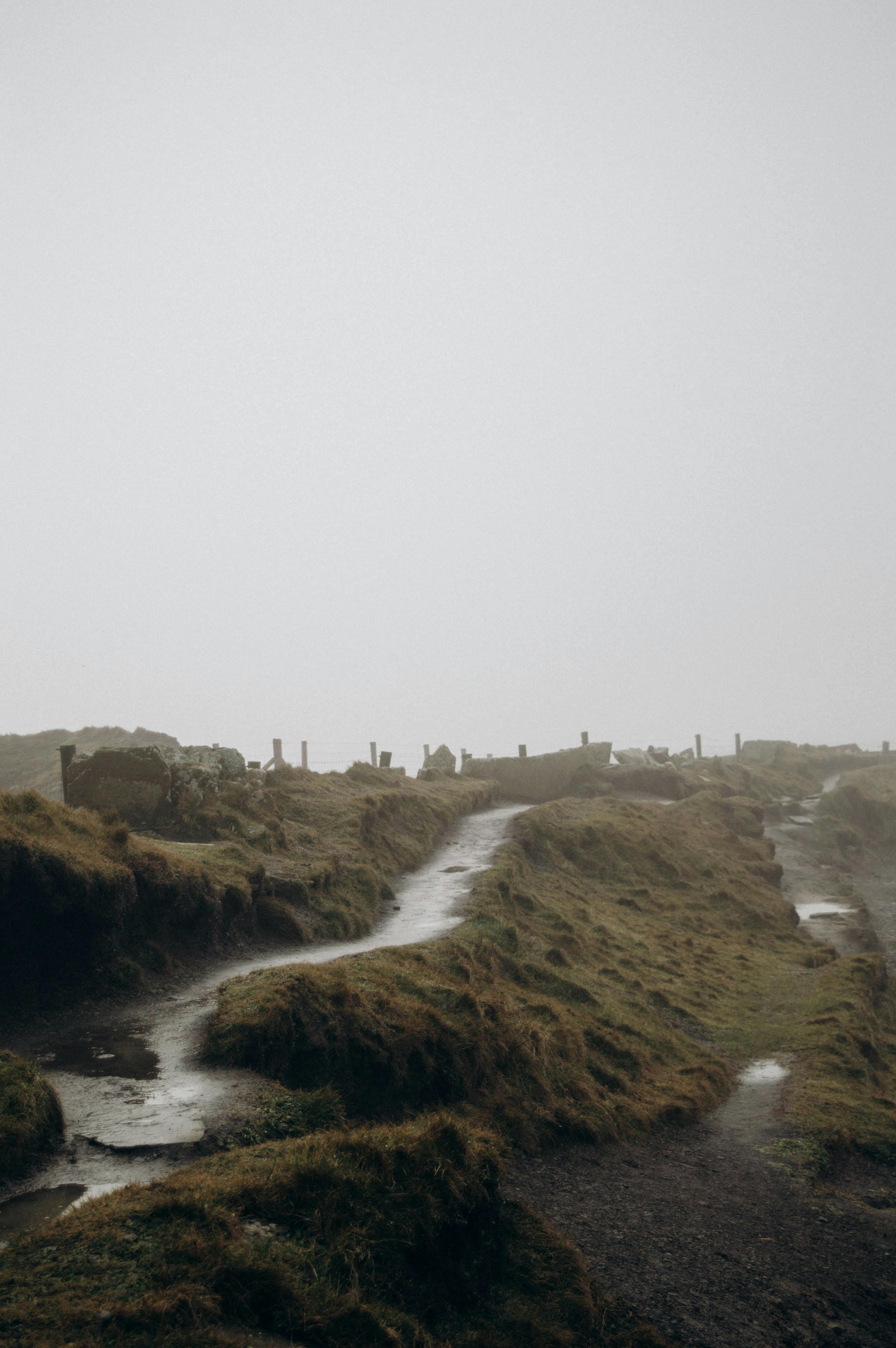 A foggy landscape with a winding path through misty hills, creating a serene nature scene.