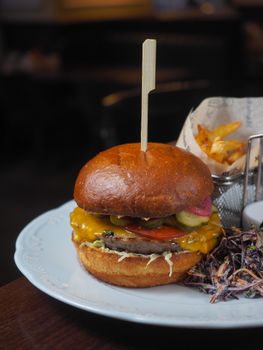 Tasty cheeseburger served with crispy fries and coleslaw on the side.