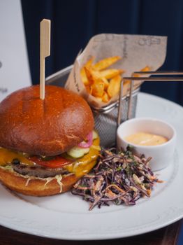 A mouthwatering gourmet burger served with crispy fries and fresh coleslaw salad.
