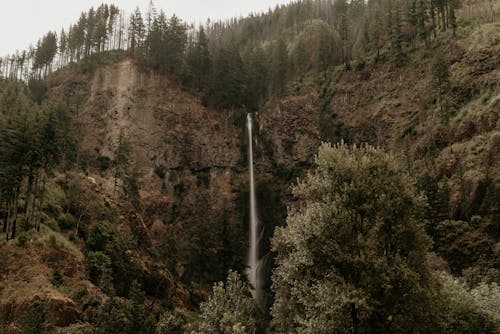Waterfall Cascading down a Tall Mountain