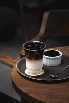 A close-up of iced coffee served on a tray, capturing a cozy cafe ambiance.