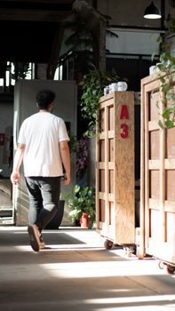 A man walks past plant-decorated wooden crates in an indoor urban setting, basking in daylight.