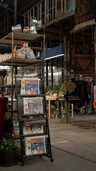 Indoor market scene in Tehran with a newspaper rack and various items around, showcasing urban lifestyle.