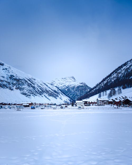 Scenic Mountains and a Tourist Resort in Winter