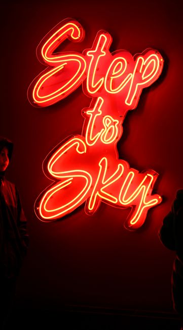 Artistic neon sign 'Step to Sky' glowing vibrantly against a dark backdrop.