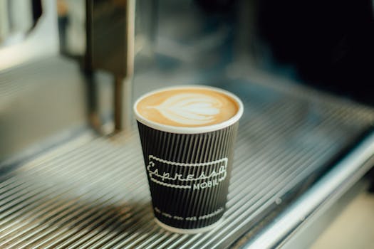 A beautifully crafted latte with art in a paper cup on an espresso machine tray.