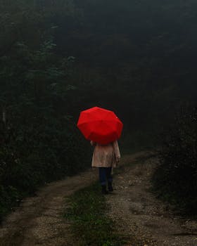 Person walking on a forest path in rain with a striking red umbrella, creating a moody atmosphere.