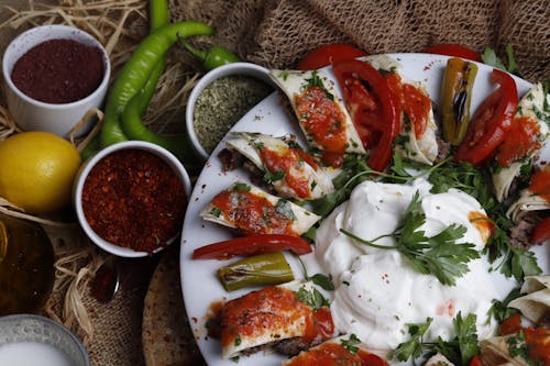 View of a Beyti Kebab Dish on a White Plate