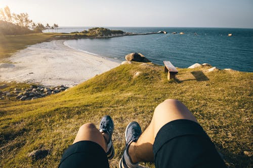 Person's Perspective on Grass Field and Body of Water