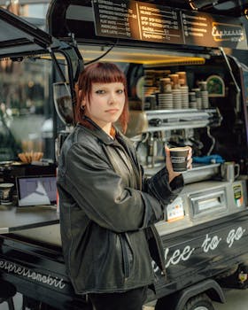 Woman in black jacket holding coffee by an outdoor espresso stand in daylight.
