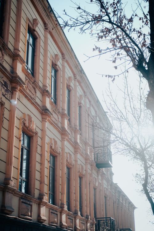 Free Elegant facade of a historic building in Kars, Turkey with soft sunlight. Stock Photo