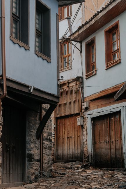Explore the quaint charm of a historic town's alley with rustic wooden doors and classic architecture.