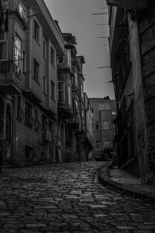 Black and White Photo of an Empty Alley