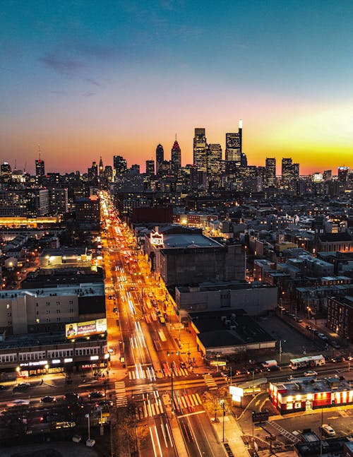 Aerial View of Downtown Philadelphia at Night, Pennsylvania, USA