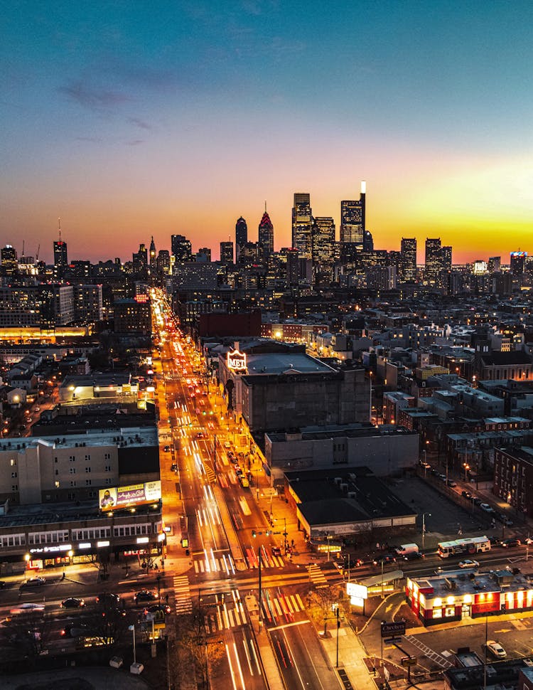 Aerial View Of Downtown Philadelphia At Night, Pennsylvania, USA