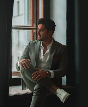 A fashionable man in a suit smiling while sitting by a window in Baghdad.