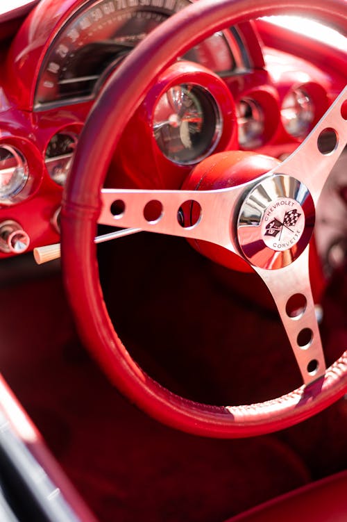 Close-up of a Steering Wheel and Dashboard in a Vintage Chevrolet Corvette