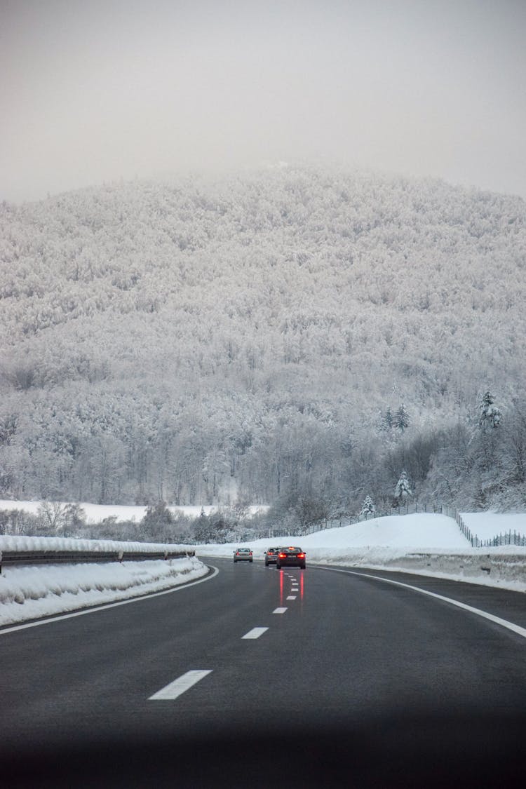 View Of Cars On An Asphalt Road In Mountains With Trees Covered In Snow 