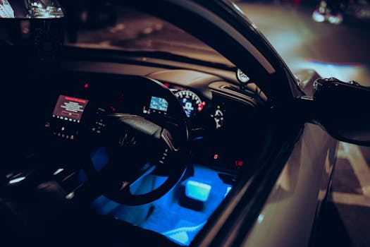 A luxurious car interior with an illuminated, modern dashboard shot from the driver's perspective at night.