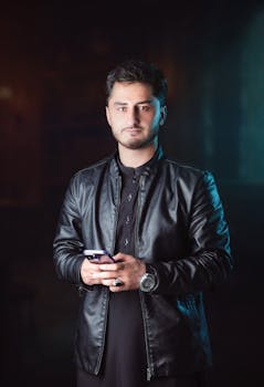 Portrait of a stylish young man in a black leather jacket holding a smartphone, set against a dark background.