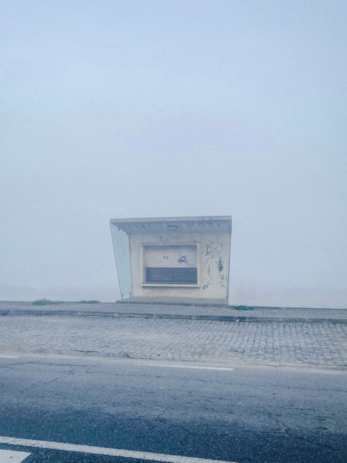 Free A foggy deserted bus stop on a misty road, evoking a mysterious and quiet atmosphere. Stock Photo