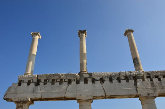 View of ancient Roman columns in Pompeii under a clear blue sky, symbolizing historic architecture.