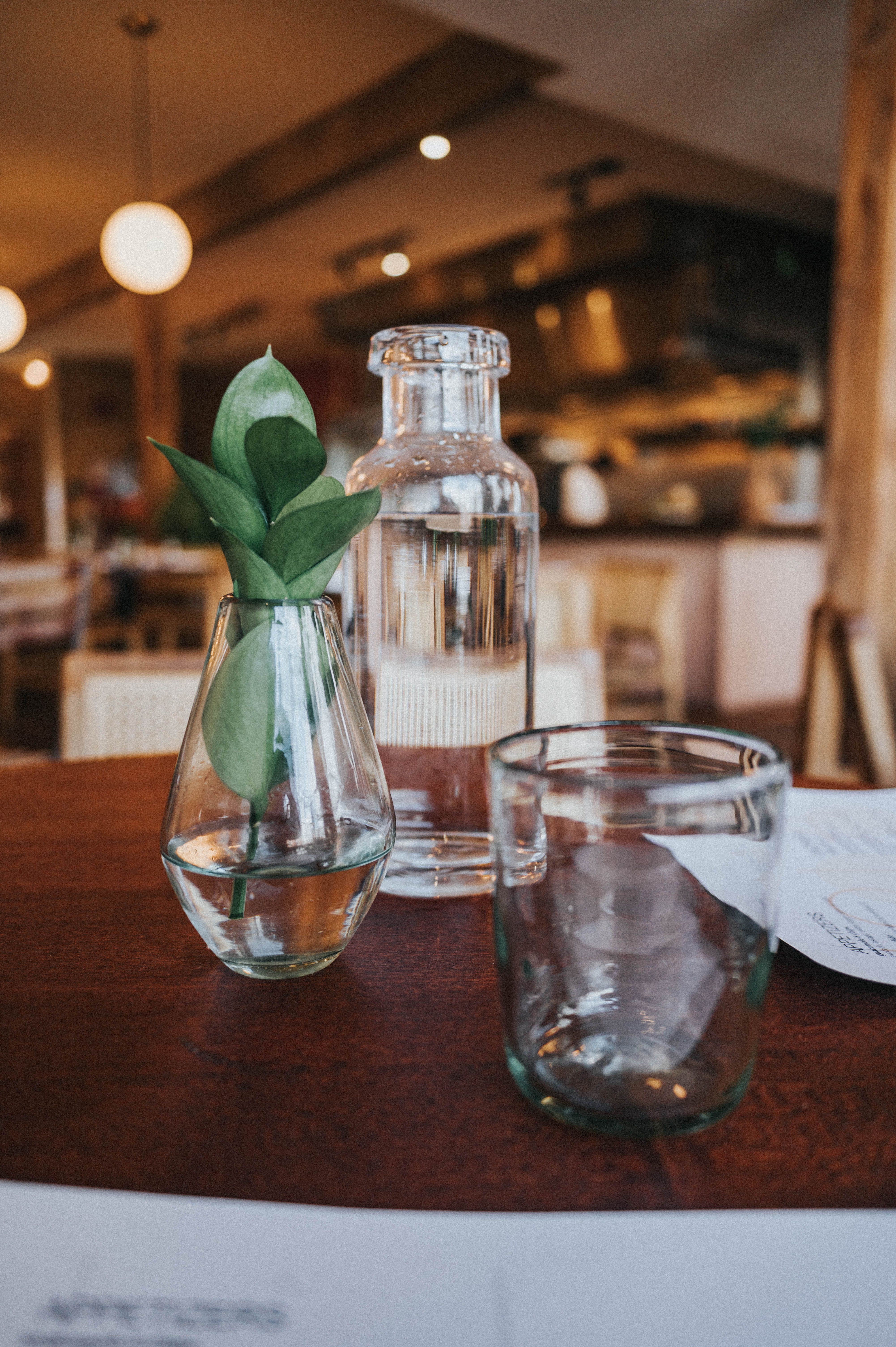 Carafe d'eau, verre et petit vase de feuillage sur une table en bois foncé