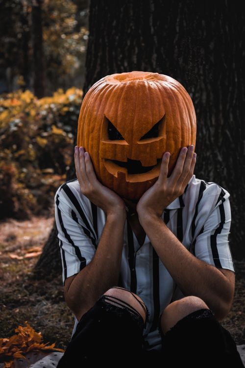 Free A person with a carved pumpkin head sitting under a tree, embodying Halloween spirit. Stock Photo