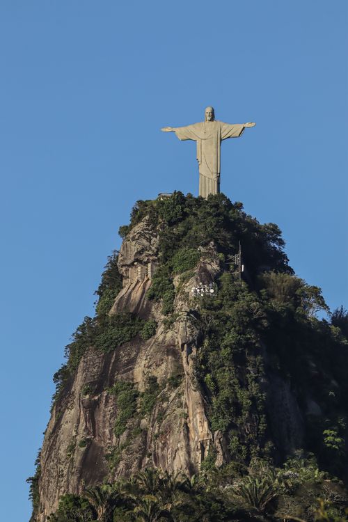 Free Stunning view of Christ the Redeemer statue atop Corcovado Mountain under a clear blue sky. Stock Photo
