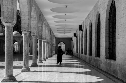 Free Dramatic monochrome photo of a mosque's colonnade in Şanlıurfa, Türkiye showcasing architectural beauty. Stock Photo