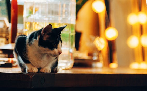 A cute black and white cat sitting on a table, with a warm blurred background.